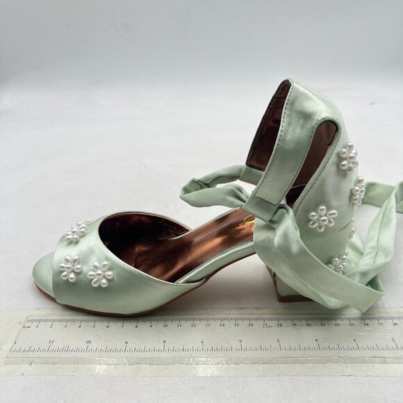 XYD Light Green Open Toe Pearl Flower Ribbon Ankle Strap Chunky Heel Sandal - Picture 1 of 7